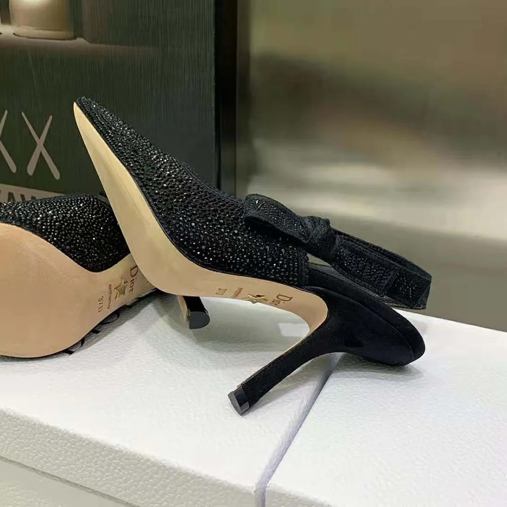 Dior J'Adior Slingback Pump Black Cotton Embroidered with Strass for Women Dior J'Adior Slingback Pump Black Cotton Embroidered with Strass for Women