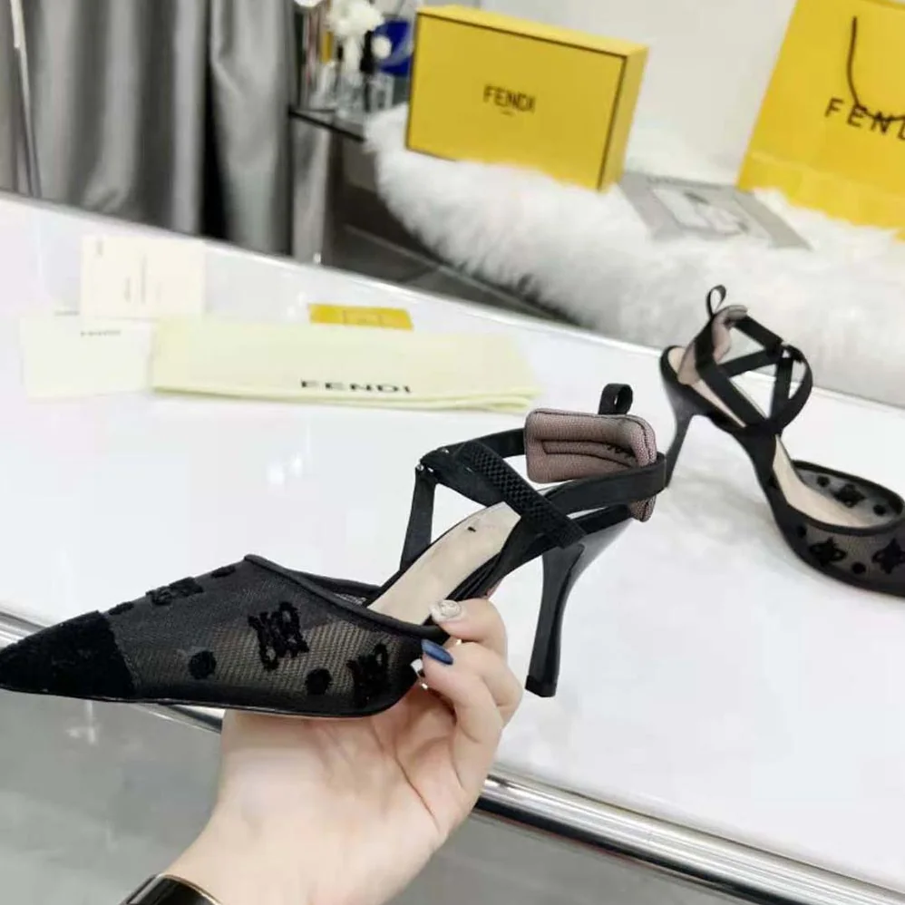 Fendi Colibri Lite High-Heeled Black Mesh and FF Karligraphy Slingbacks for Women Fendi Colibri Lite High-Heeled Black Mesh and FF Karligraphy Slingbacks for Women