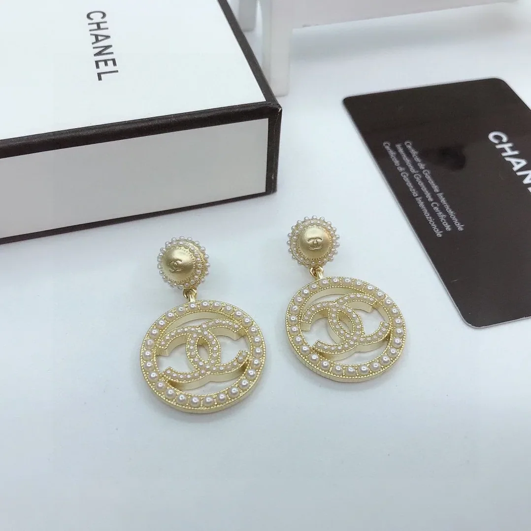 Chanel Dangling Big Circle Frame Earrings Gold Tone