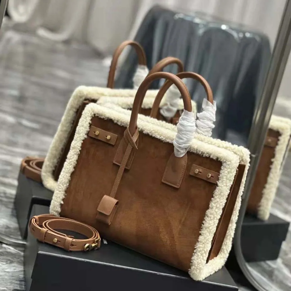 Saint Laurent YSL Sac De Jour Thin Large in Shearling and Suede for Men in Brown