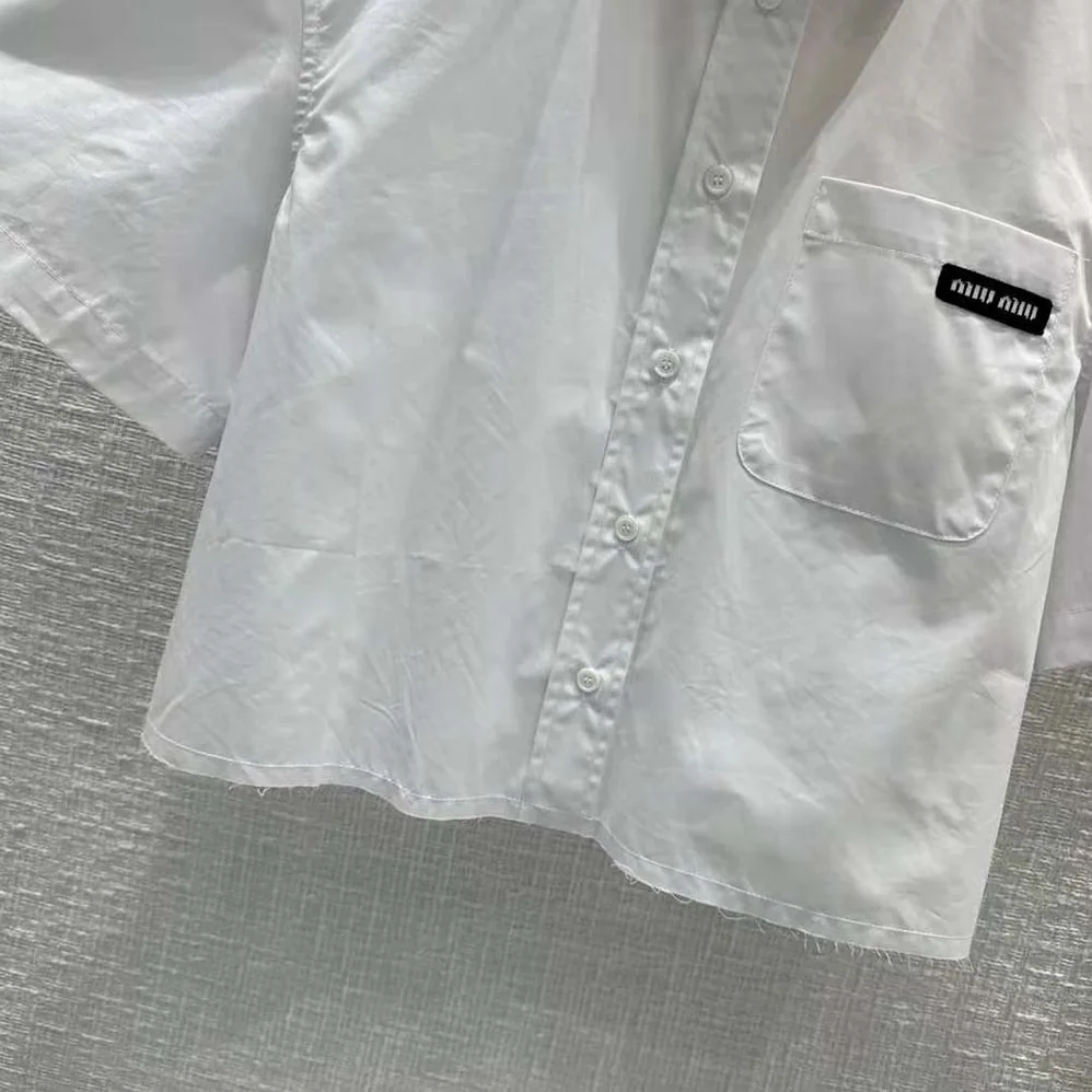 Miu Miu Poplin Shirt with Sartorial Logo Label for Women in White Miu Miu Poplin Shirt with Sartorial Logo Label for Women in White