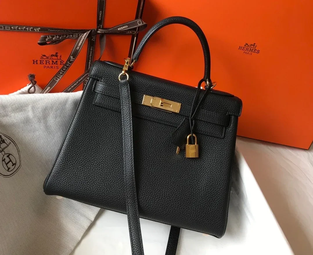 Hermes Kelly 28 Retourne Togo Black Bag