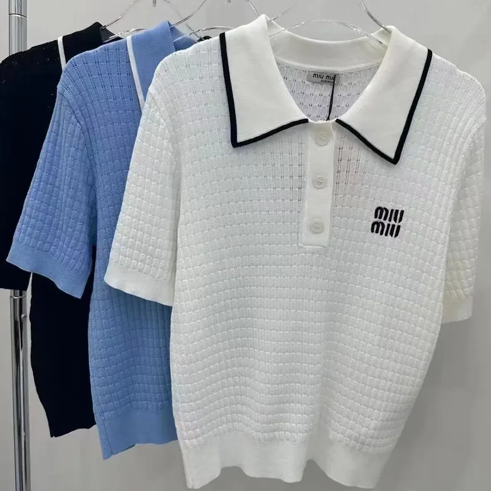 Miu Miu Knit Cotton Polo Shirt with Intarsia Logo for Women in White