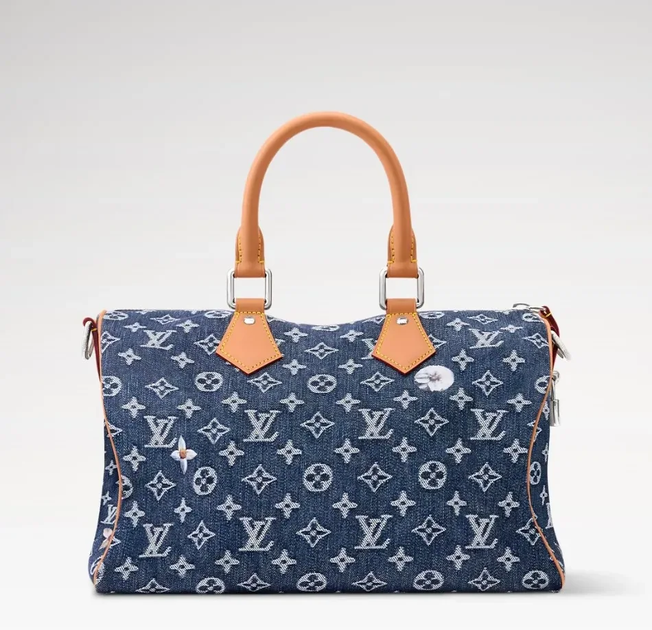 Louis Vuitton Speedy Bandouliere 30 Top Handle Bag / Blue Monogram Flowers Denim Silver Hardware