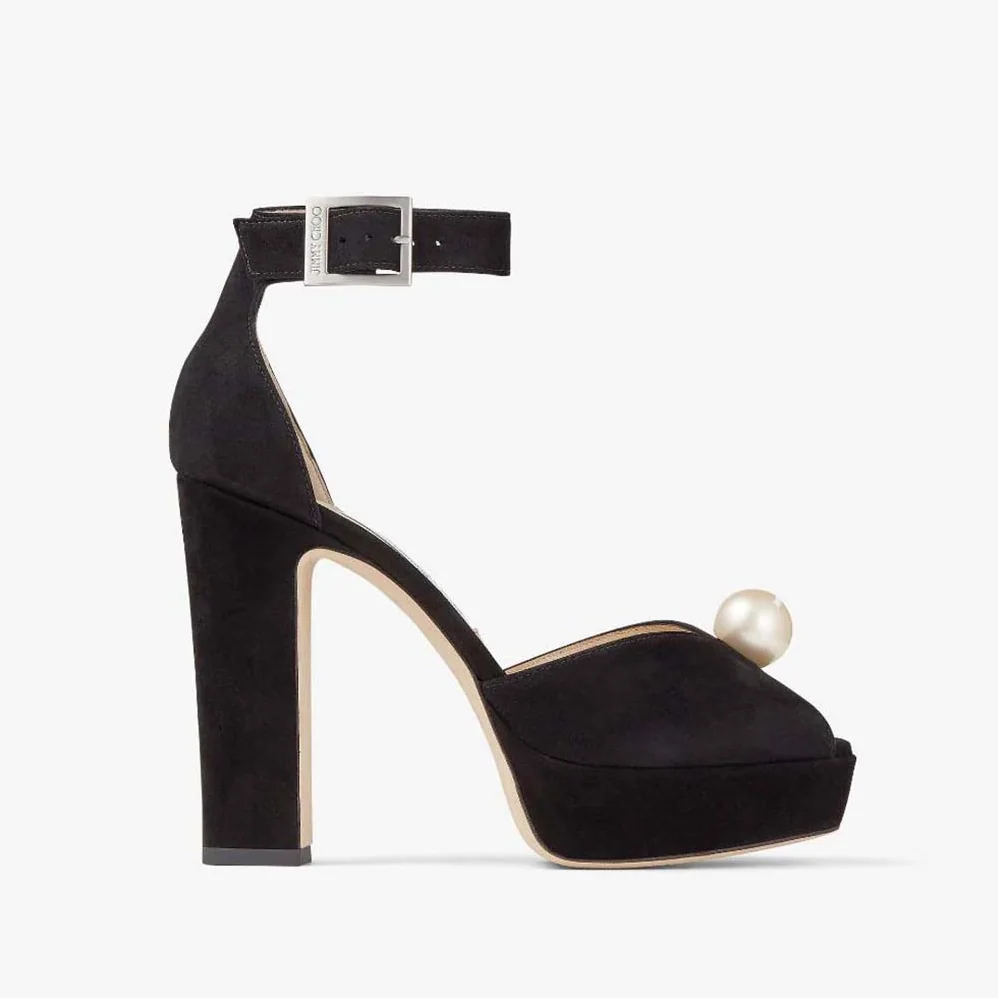 Jimmy Choo Socorie 120 Black Suede Platform Sandals with Pearl Detailing for Women Jimmy Choo Socorie 120 Black Suede Platform Sandals with Pearl Detailing for Women