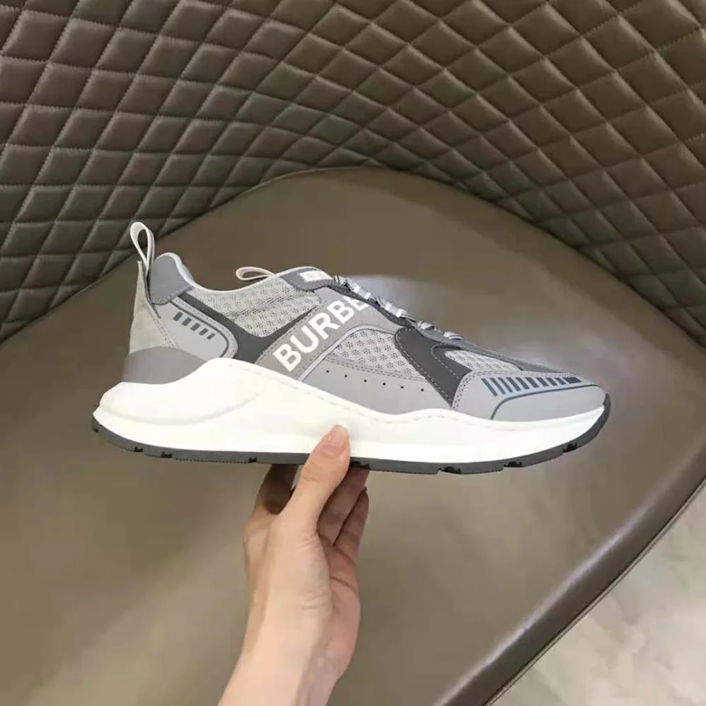 Burberry Logo Print Suede and Mesh Sneakers for Men in Silver