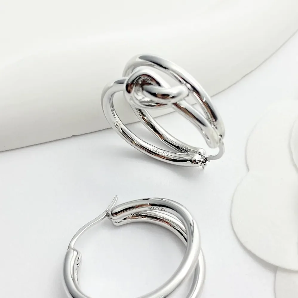 Celine Knot Double Hoops in Brass with Rhodium Finish for Women