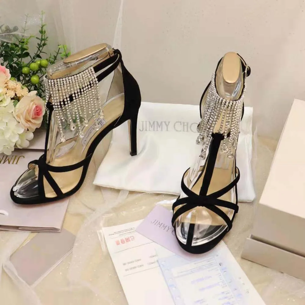 Jimmy Choo Bijou 100 Black Suede Sandals with Crystal Drape for Women