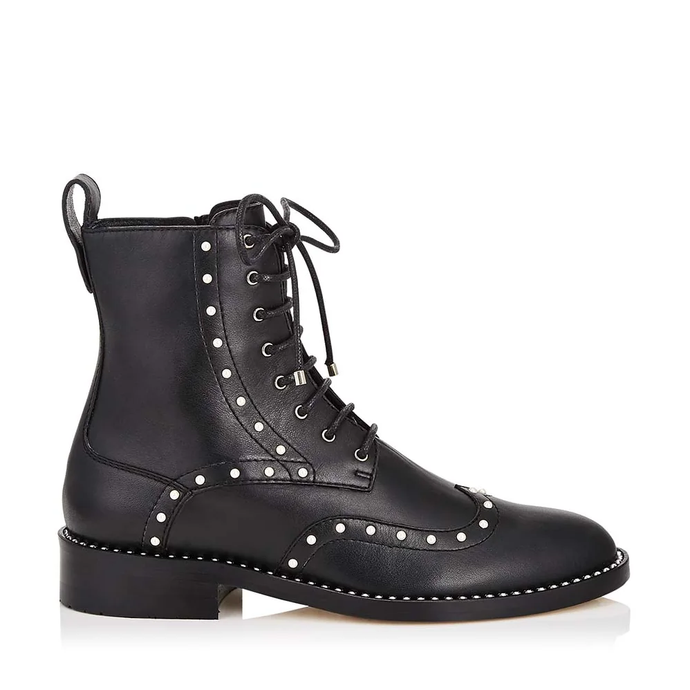 Jimmy Choo Shoes Hanah Flat Black Smooth Leather Boots with Pearl Detailing for Women Jimmy Choo Shoes Hanah Flat Black Smooth Leather Boots with Pearl Detailing for Women