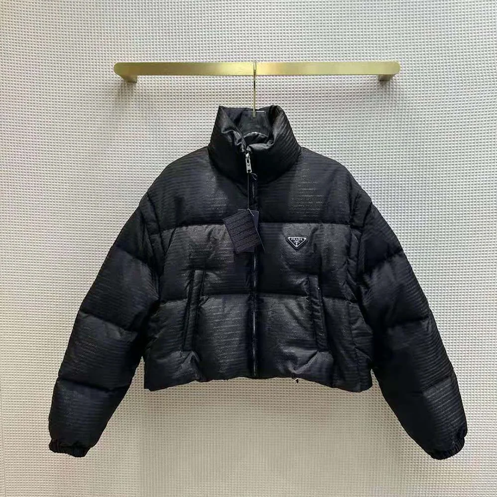 Prada Re-Nylon Cropped Hooded Down Jacket for Women in Black Prada Re-Nylon Cropped Hooded Down Jacket for Women in Black