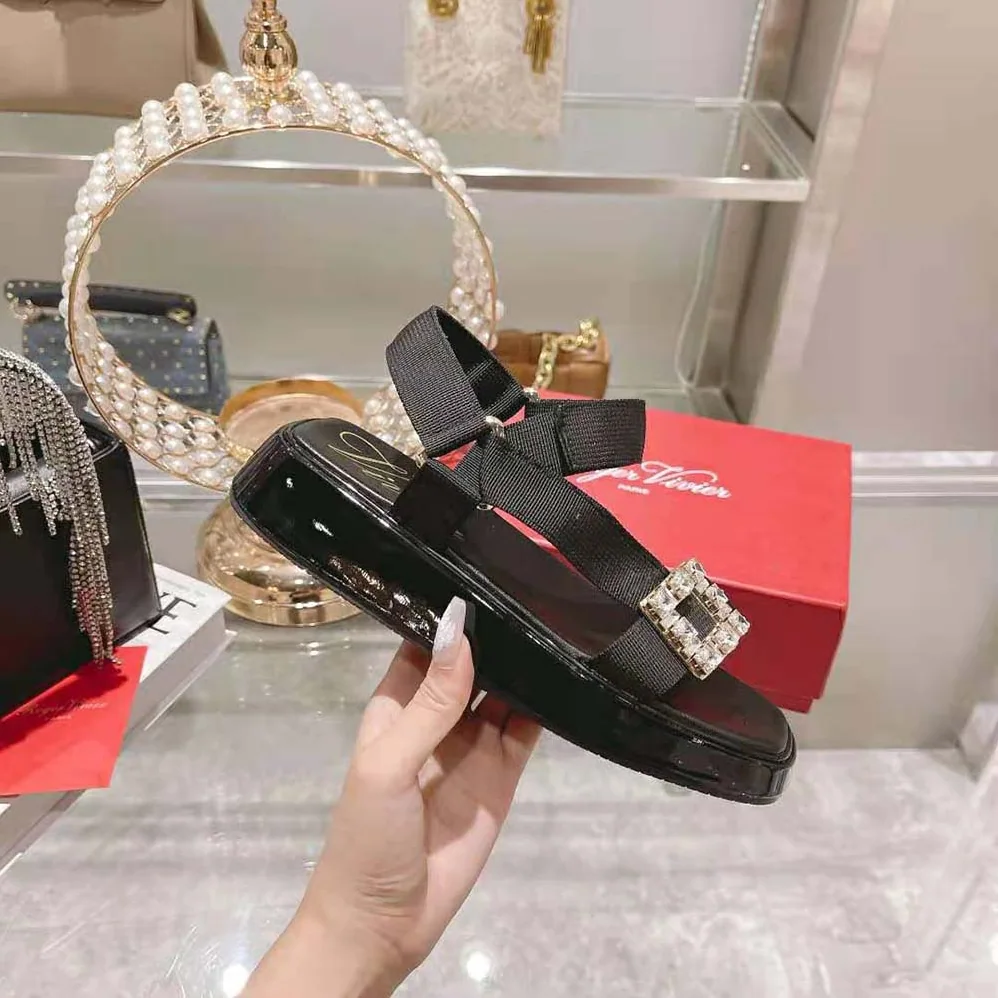 Roger Vivier Vivier Slide Trekky Strass Buckle Sandals in Fabrics for Women Roger Vivier Vivier Slide Trekky Strass Buckle Sandals in Fabrics for Women