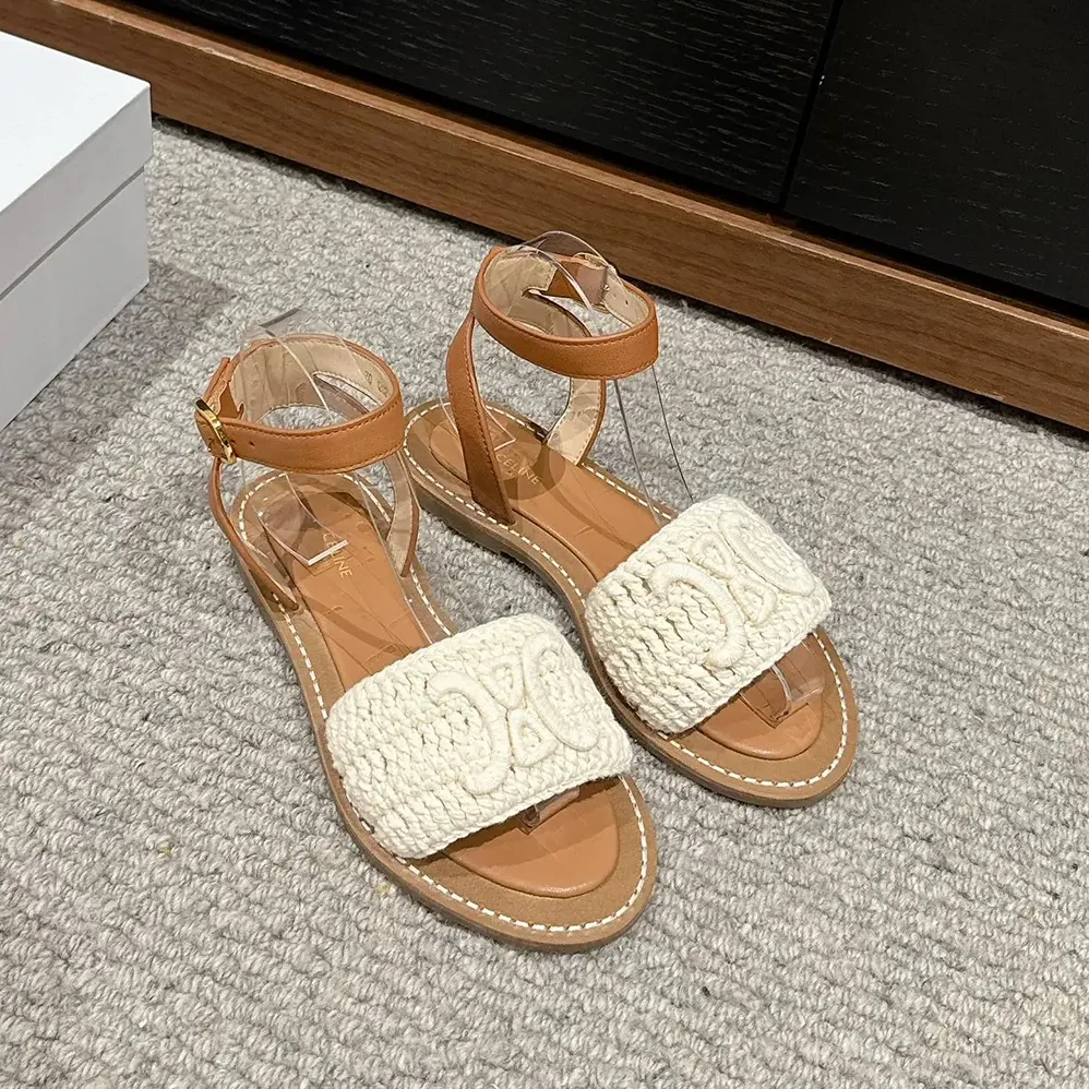 Celine Lympia Sandal in Triomphe Maccramé Cotton & Calfskin for Women in White Celine Lympia Sandal in Triomphe Maccramé Cotton & Calfskin for Women in White