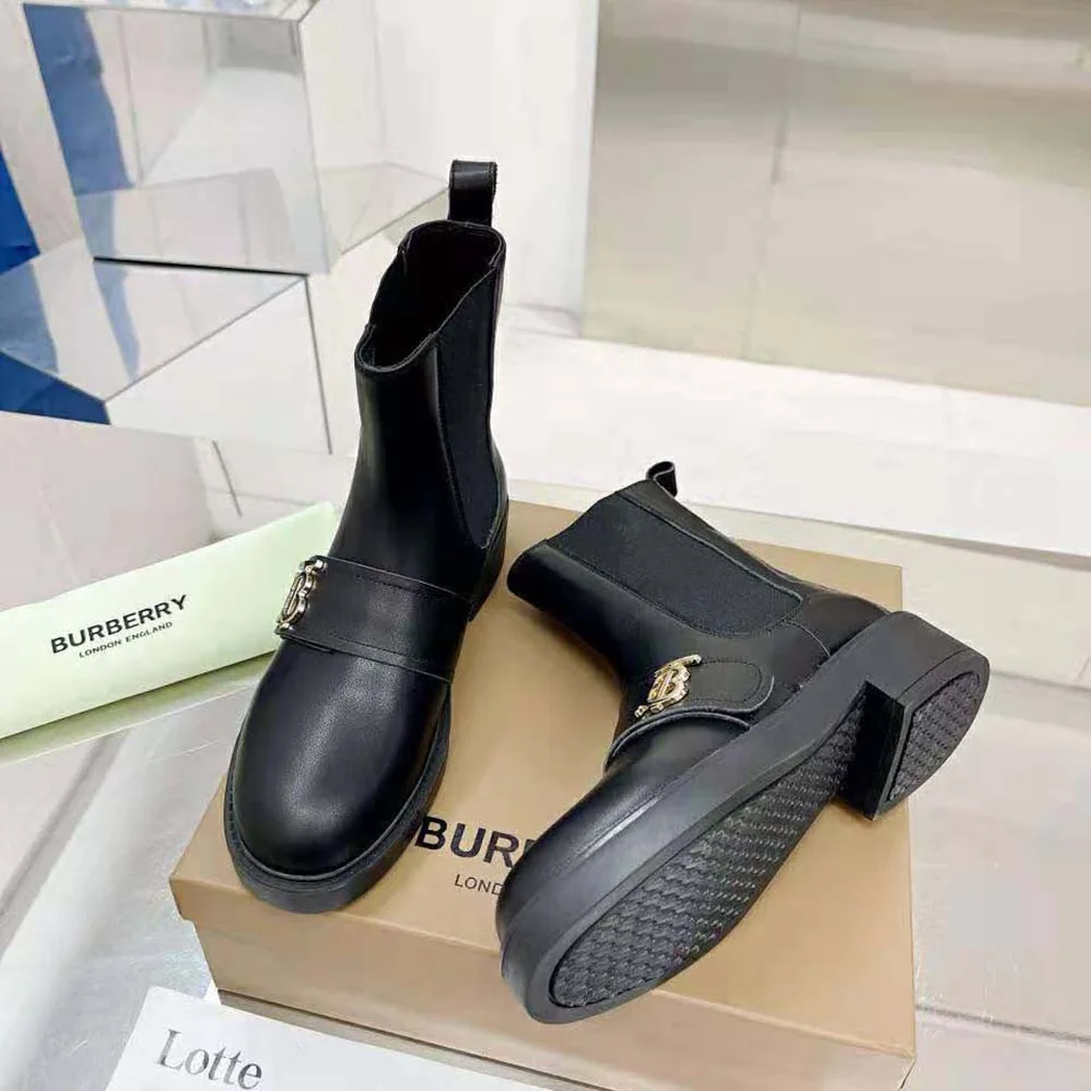 Burberry Monogram Motif Leather Chelsea Boots for Women in Black