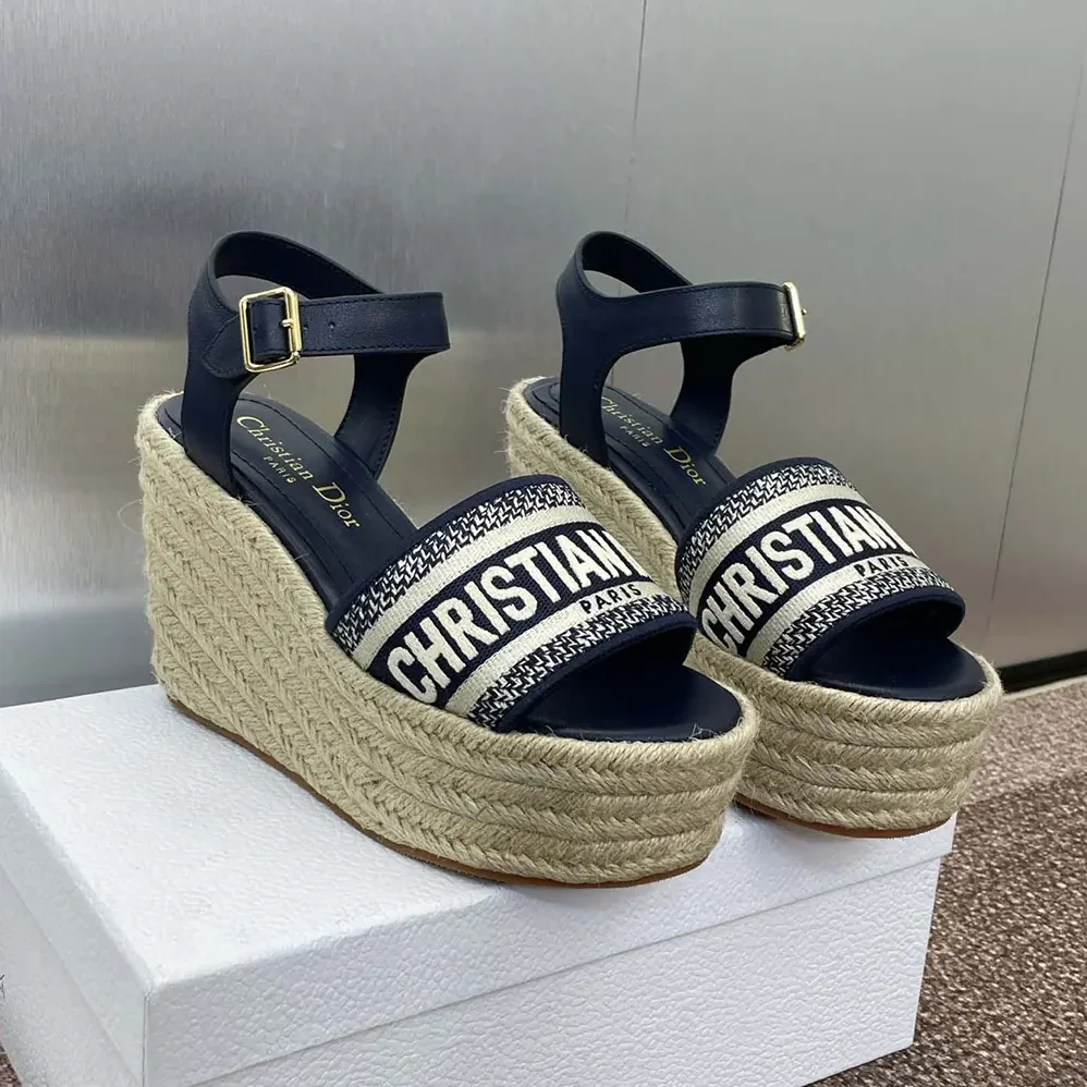 Dior Dway Wedge Sandal Deep Blue Calfskin and Embroidered Cotton for Women