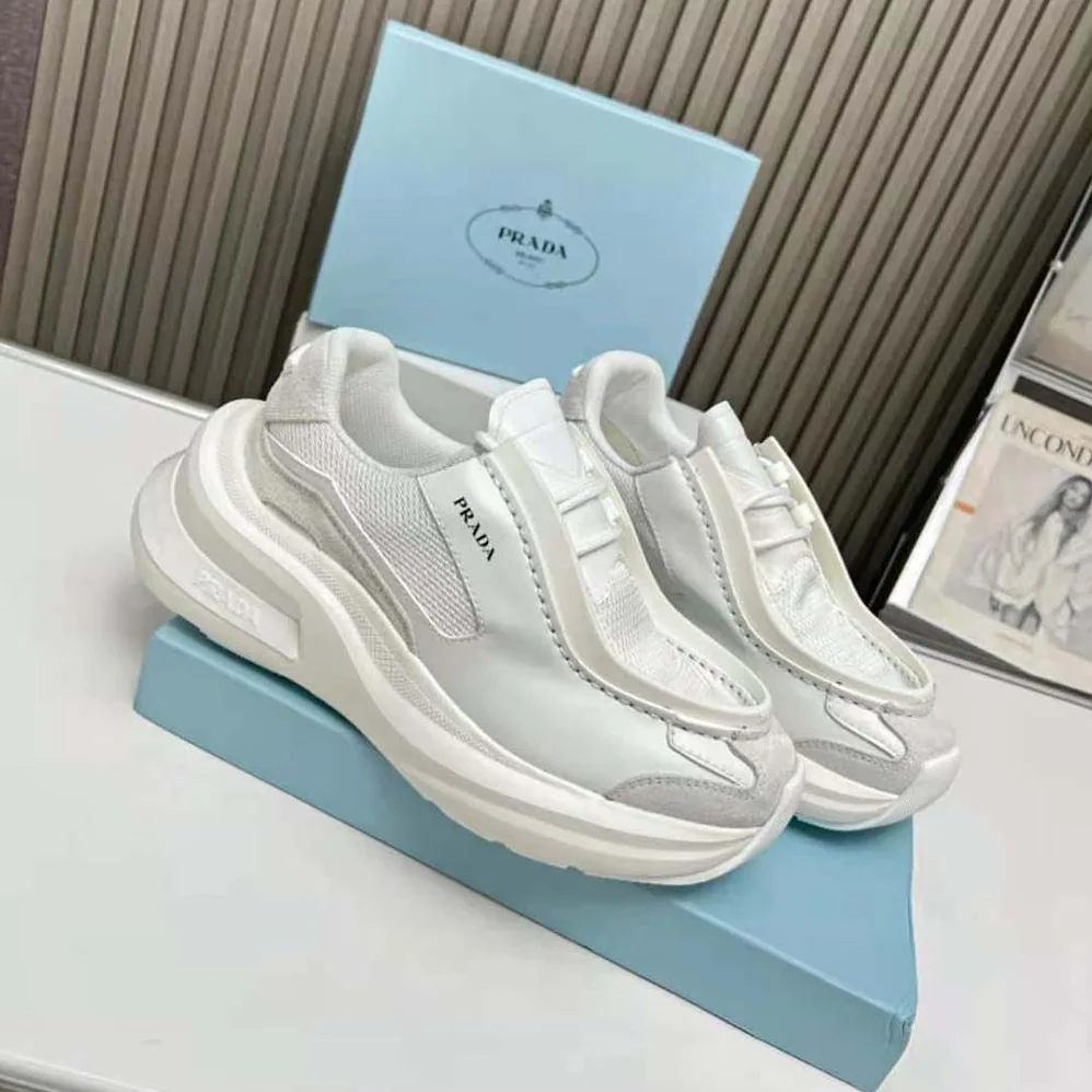 Prada Systeme Brushed Leather Sneakers with Bike Fabric and Suede Elements for Men in White