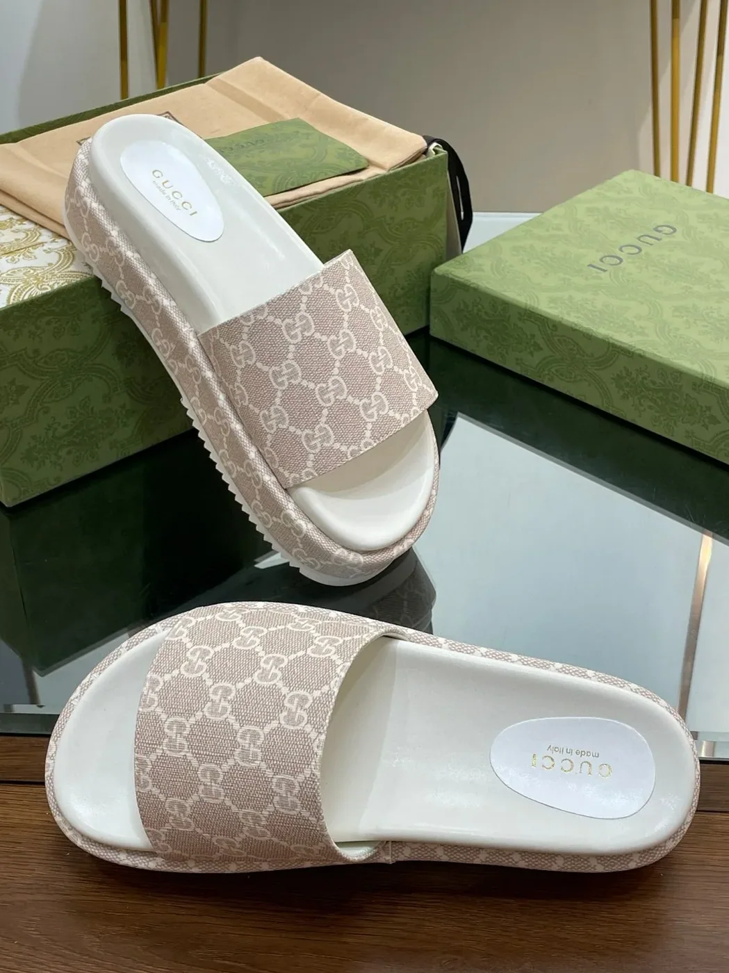 Gucci Jumbo Gg Platform Slide Sandal Light Green