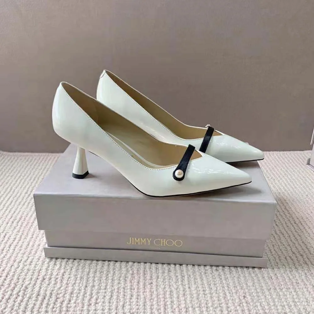 Jimmy Choo Rosalia 65 Latte Patent Pointed Pumps with Pearl Detail for Women