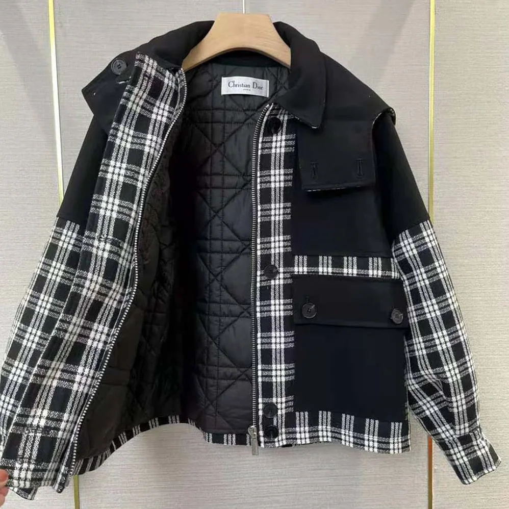 Dior Hooded Peacoat Black and White Check'n'Dior Wool for Women