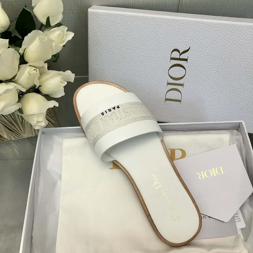 Dior Dway Slide White Calfskin and Embroidered Cotton for Women Dior Dway Slide White Calfskin and Embroidered Cotton for Women