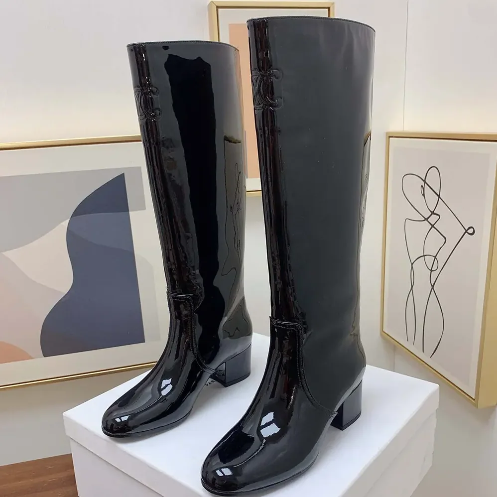 Celine Les Bottes Celine Triomphe High Boot in Patent Calfskin for Women in Black