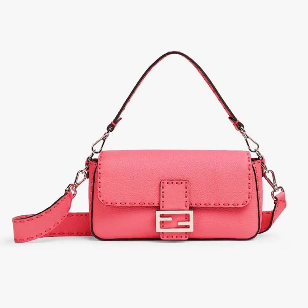 Fendi Baguette Pink Selleria Bag with Oversized Topstitching for Women