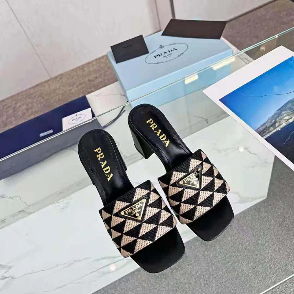 Prada Embroidered Fabric Sandals for Women in Black
