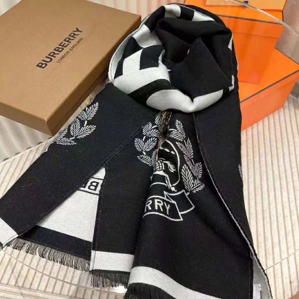 Burberry Logo and EKD Wool Silk Jacquard Scarf for Women in Black Burberry Logo and EKD Wool Silk Jacquard Scarf for Women in Black