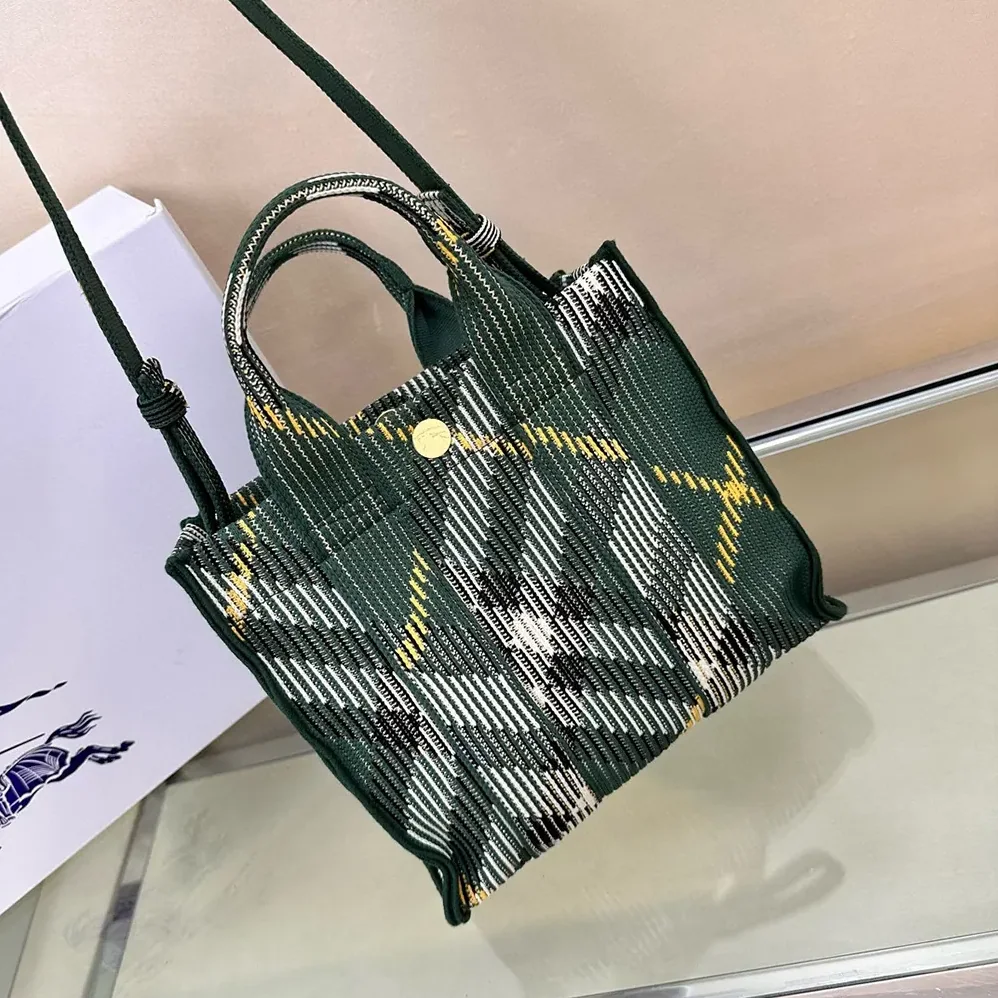 Burberry Mini Check Knitted Tote for Women in Green Burberry Mini Check Knitted Tote for Women in Green