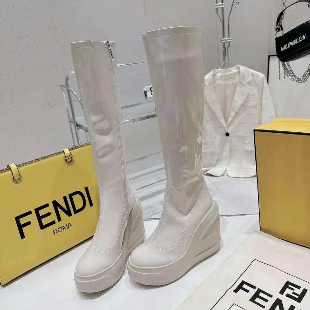 Fendi Fashion Show White Patent Leather Boots for Women Fendi Fashion Show White Patent Leather Boots for Women