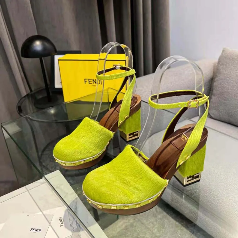 Fendi Baguette Show Green Pony Hair High for Women in Heeled Clogs Fendi Baguette Show Green Pony Hair High for Women in Heeled Clogs