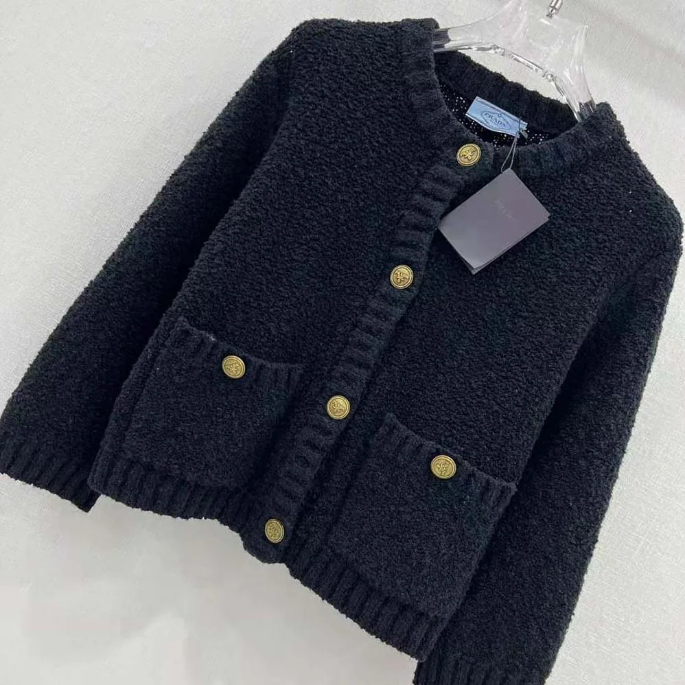 Prada Bouclé Mohair Cardigan for Women in Black Prada Bouclé Mohair Cardigan for Women in Black