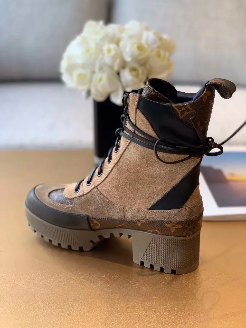 Louis Vuitton Laureate Desert Boots Patent Monogram Material Brown LV 1A4XYE