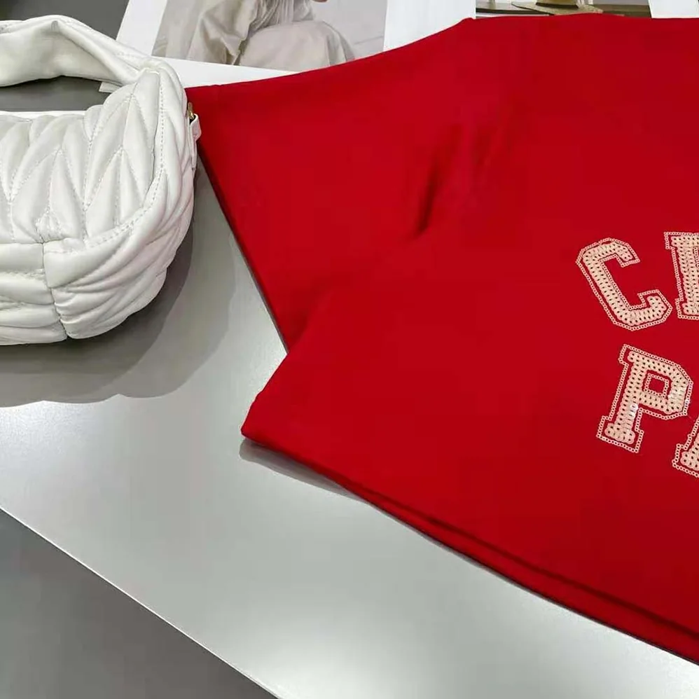 Celine Cropped Celine T-shirt in Cotton Fleece for Women in Red Celine Cropped Celine T-shirt in Cotton Fleece for Women in Red