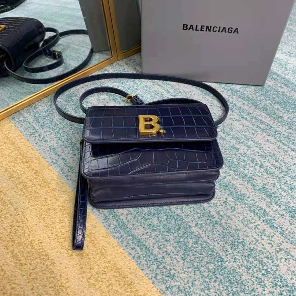 Balenciaga B. Small Bag in Black Crocodile Embossed Calfskin for Women in Navy