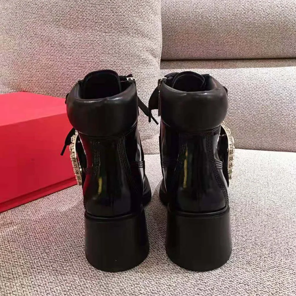 Roger Vivier Viv' Rangers Strass Buckle Ankle Boots in Leather-6cm Heel for Women Roger Vivier Viv' Rangers Strass Buckle Ankle Boots in Leather-6cm Heel for Women