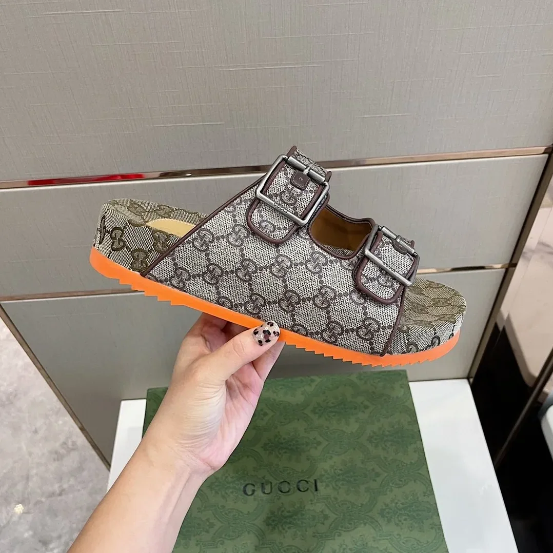 Gucci Slide Sandal With Straps Gray Orange 2HK60