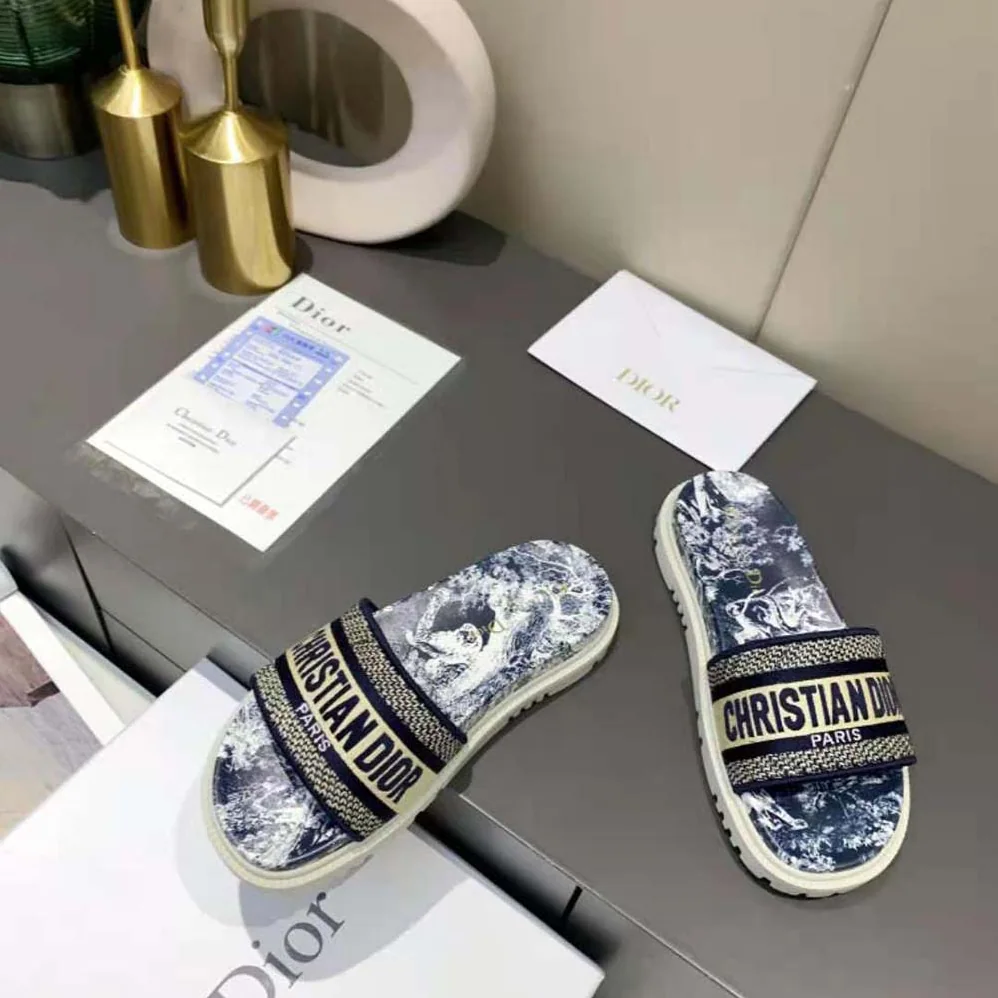 Dior Dway Slide Deep Blue Toile de Jouy Reverse Embroidered Cotton for Women