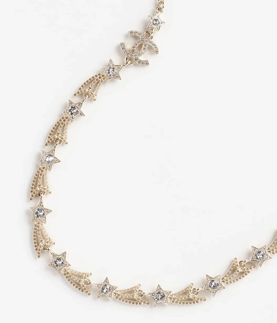 Chanel Long Necklace Gold Crystal
