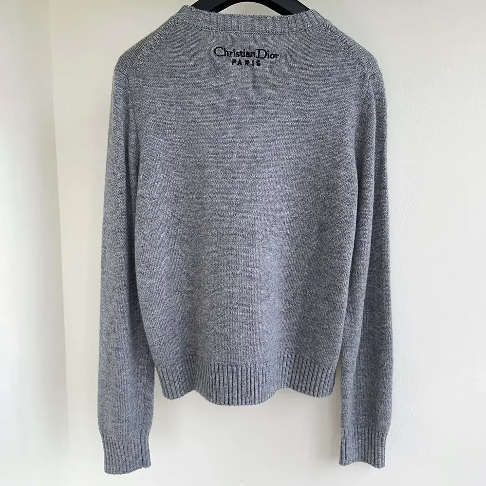 Dior Embroidered Sweater Gray Cashmere Knit with Multicolor Dior 4 Saisons Hiver Motif for Women