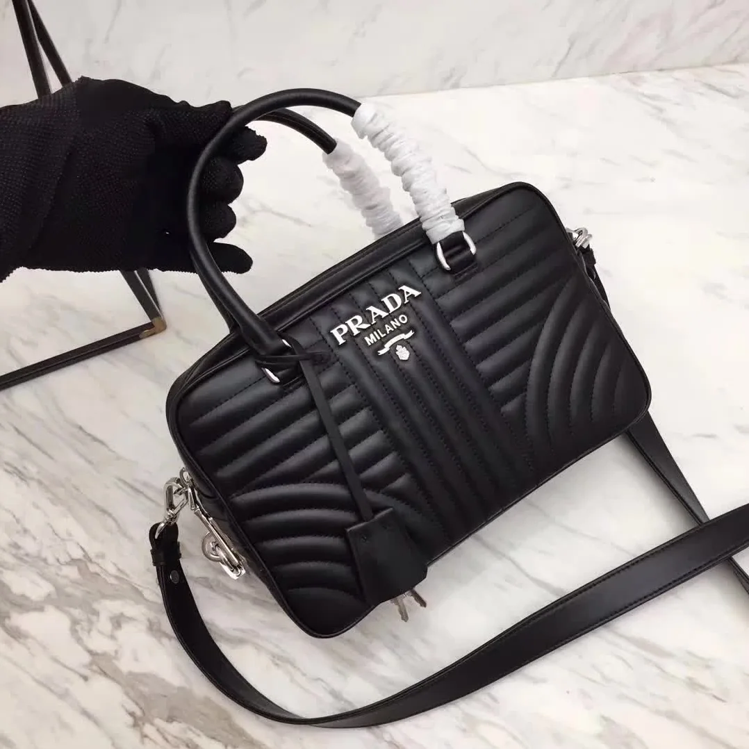 Prada Diagramme Big Leather Handbag with Top Handle in Black