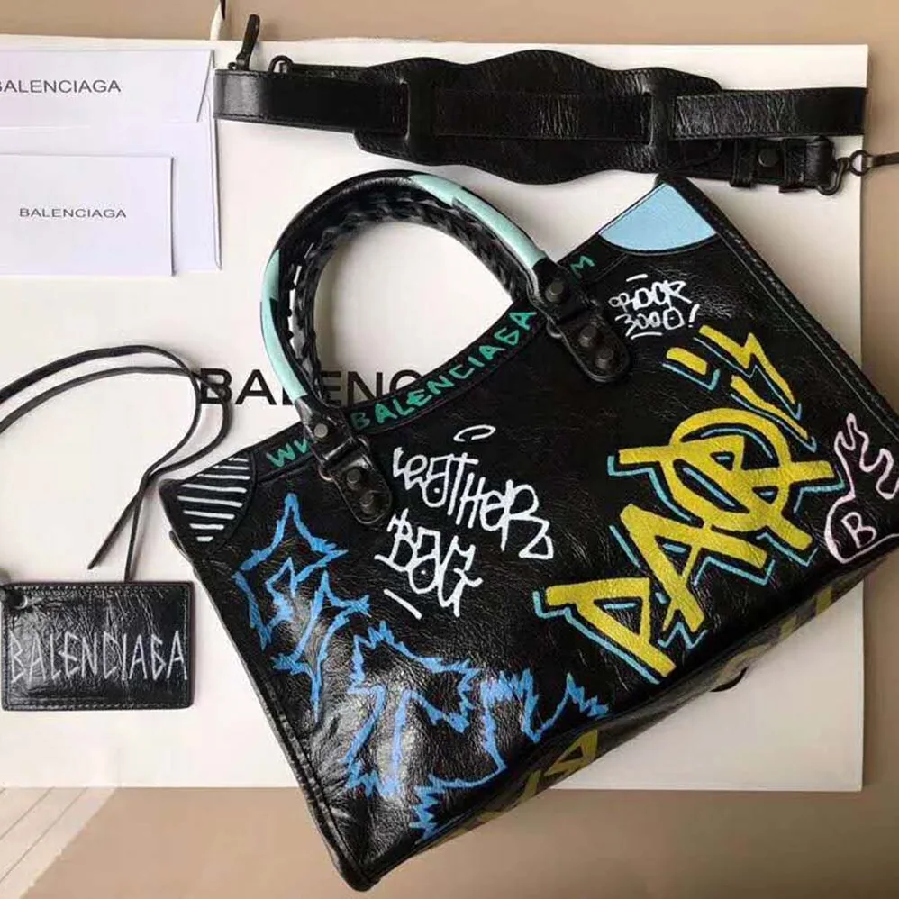 Balenciaga Classic City S Graffiti Small Lambskin Bag for Women in Blue Balenciaga Classic City S Graffiti Small Lambskin Bag for Women in Blue