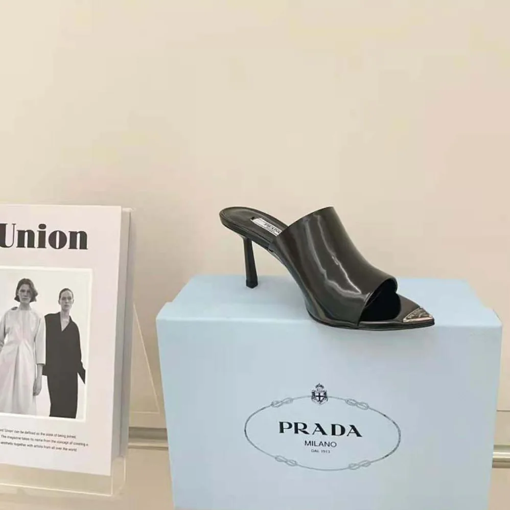 Prada Brushed Leather High-Heel Slides in 75mm Heel Height for Women