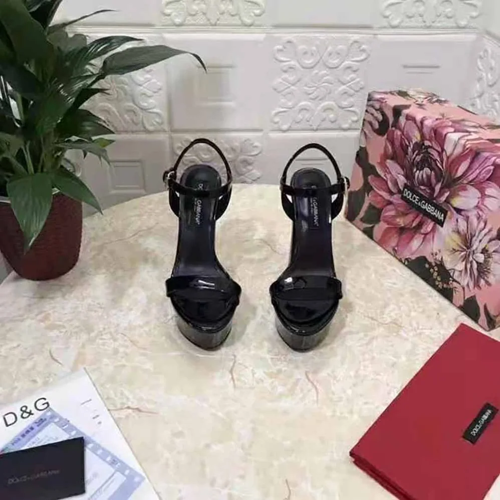 Dolce Gabbana D&G Polished Calfskin Platform Sandals for Women in Black Dolce Gabbana D&G Polished Calfskin Platform Sandals for Women in Black