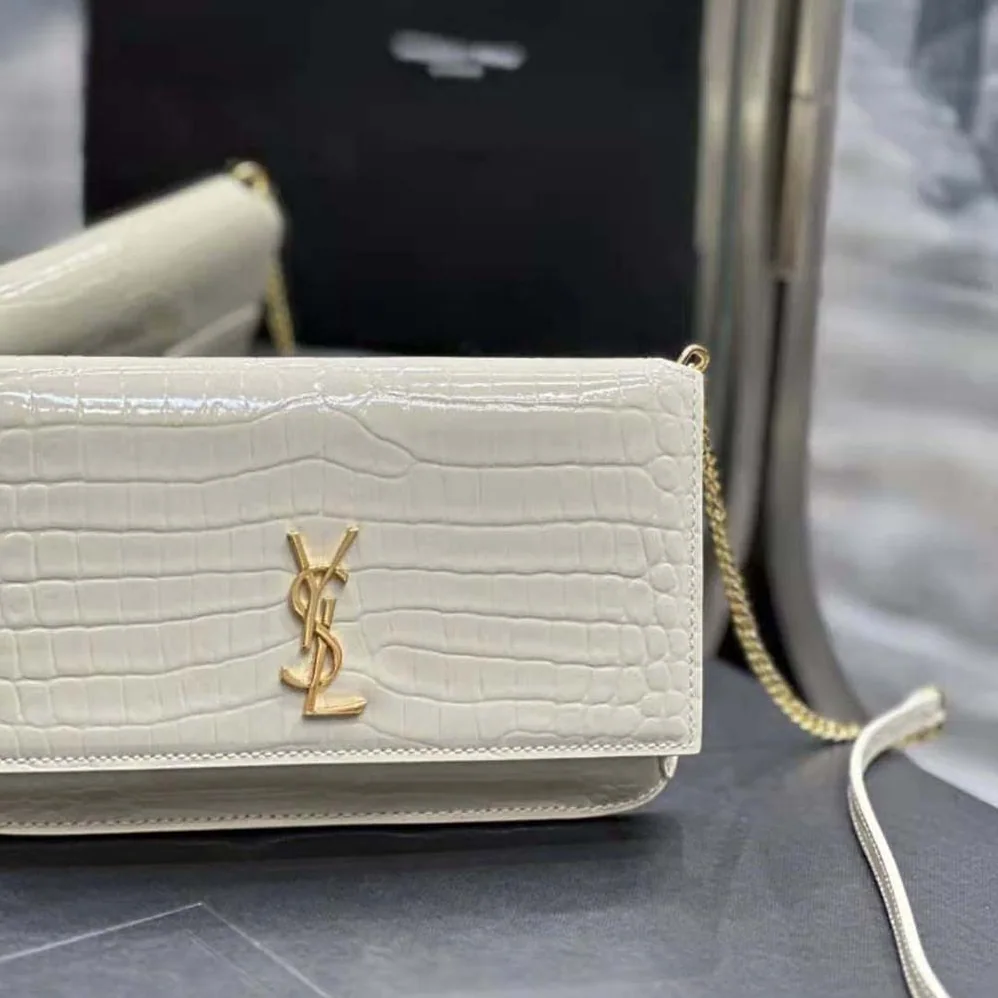 Saint Laurent YSL Cassandre Phone Holder with Strap in Shiny Crocodile-Embossed Leather for Women in White Saint Laurent YSL Cassandre Phone Holder with Strap in Shiny Crocodile-Embossed Leather for Women in White