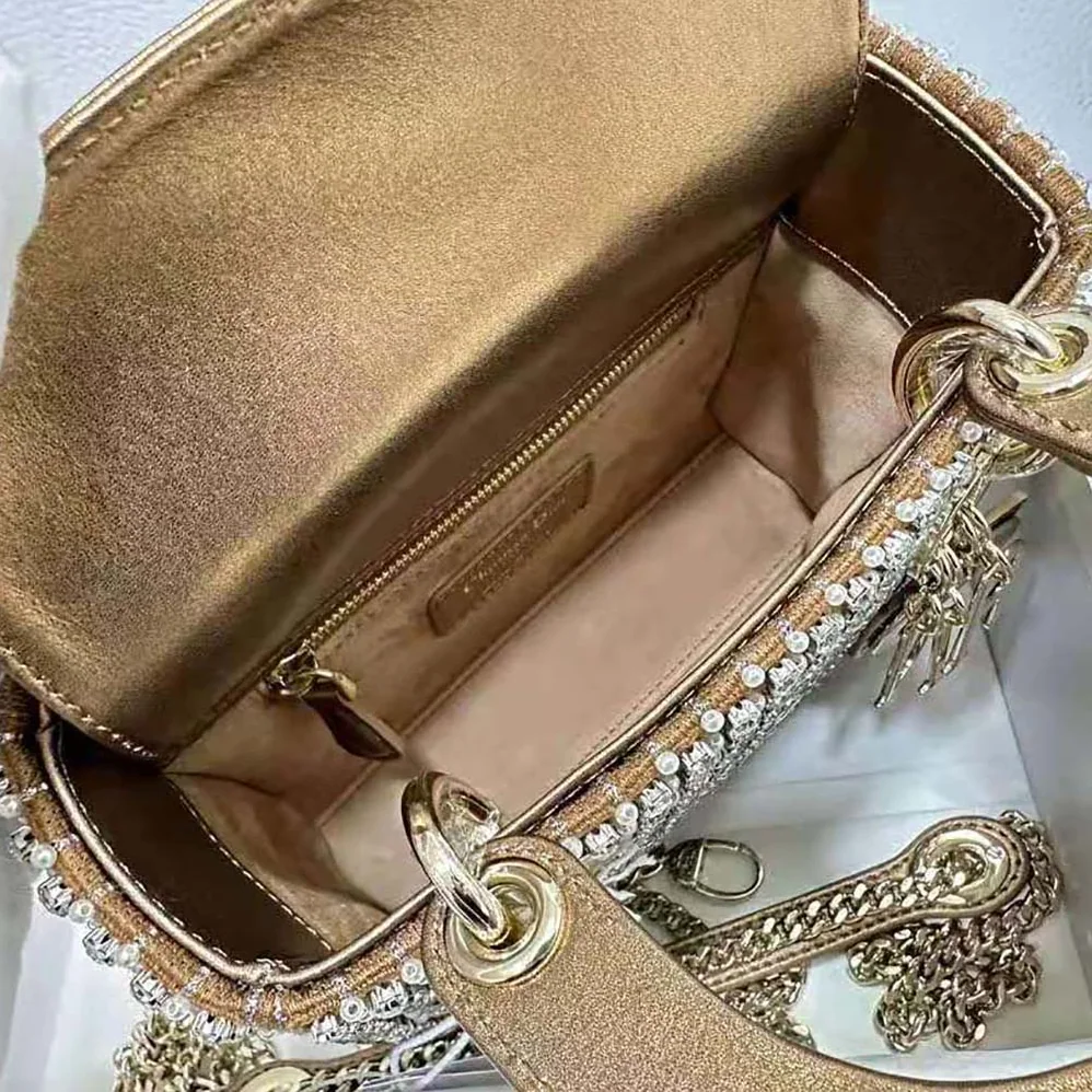 Dior Mini Lady Dior Bag Square-Pattern Embroidery Set with Strass and White Round Beads for Women Dior Mini Lady Dior Bag Square-Pattern Embroidery Set with Strass and White Round Beads for Women