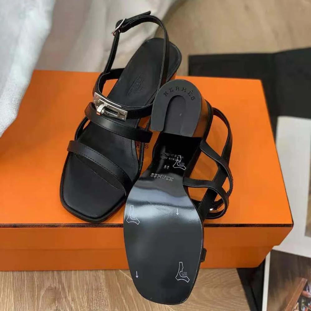 Hermes Eve 60 Sandal in Calfskin Leather for Women in Black Hermes Eve 60 Sandal in Calfskin Leather for Women in Black