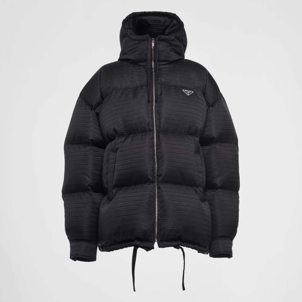Prada Re-Nylon Hooded Down Jacket for Women in Black Prada Re-Nylon Hooded Down Jacket for Women in Black