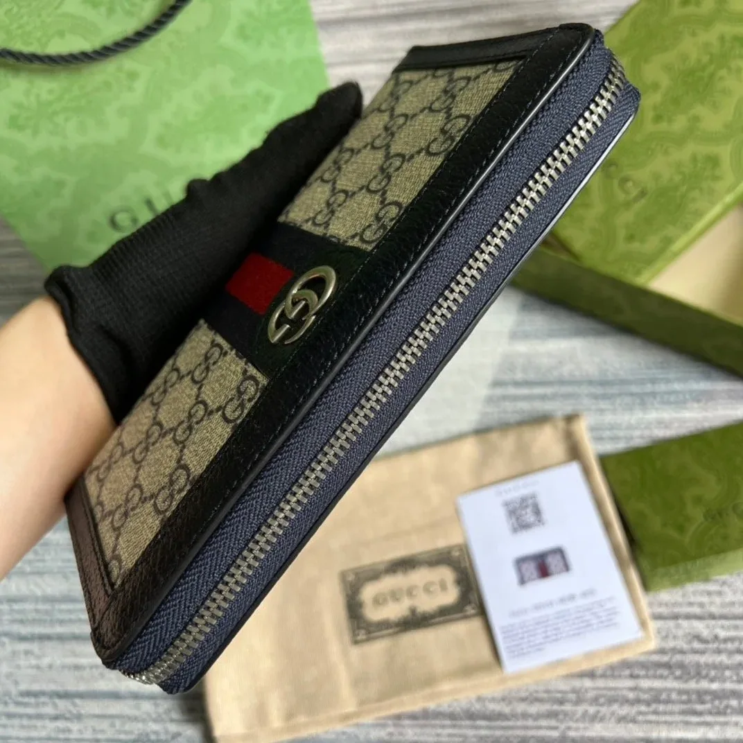 Gucci Ophidia GG Zip-Around Wallet in Beige with Red and Dark Blue Stripes and Silver Hardware , /