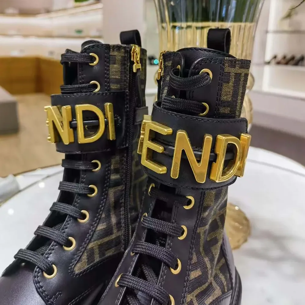 Fendi Fendigraphy Black Leather Biker Boots with Stretch Fabric for Women Fendi Fendigraphy Black Leather Biker Boots with Stretch Fabric for Women