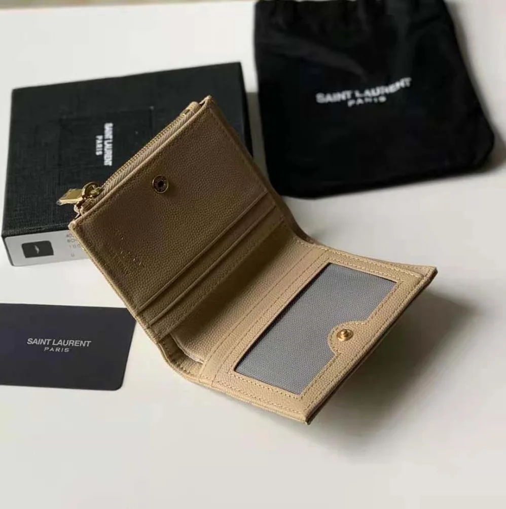 Saint Laurent YSL Monogram Zipped Card Case in Grain DE Poudre Embossed Leather for Women in Pink Saint Laurent YSL Monogram Zipped Card Case in Grain DE Poudre Embossed Leather for Women in Pink